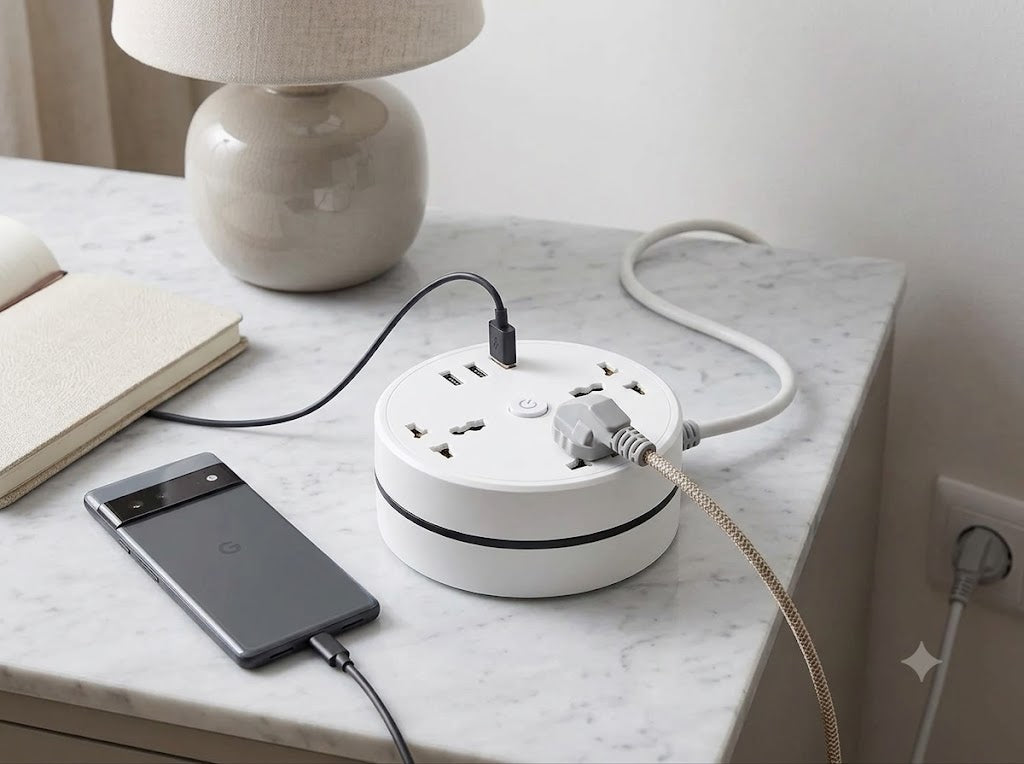 Carga 6 Dispositivos a la Vez - Regleta Compacta Cable Retráctil