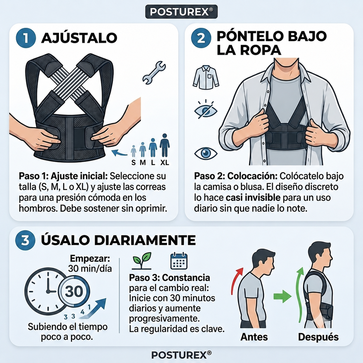 CORRECTOR DE POSTURA AJUSTABLE Posturex.® ¡Alinea tu postura, mejora tu presencia y tu salud!